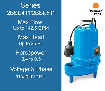  Barmesa Sewage Pumps, 2BSE411/2BSSE511 Series, 0.4 to 0.5 Horsepower, 115/230 Volts 1 Phase